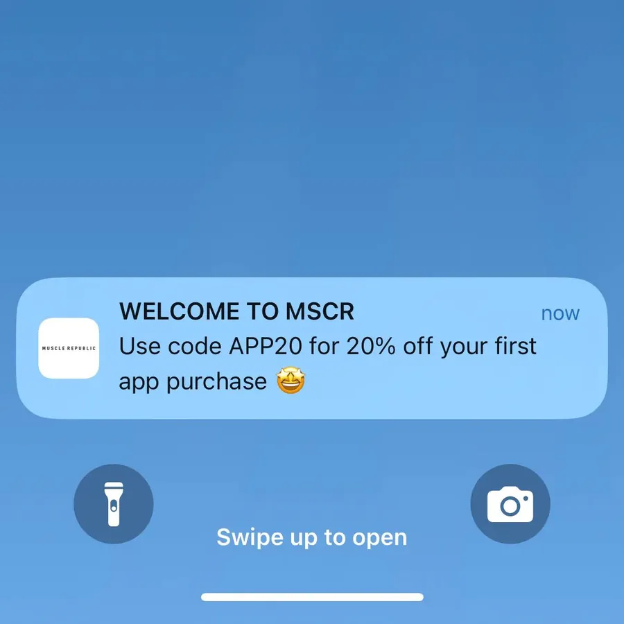 Muscle Republic push notification: WELCOME TO MSCR. Use code APP20 for 20% off your first app purchase