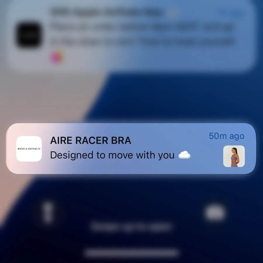 Muscle Republic push notification: AIRE RACER BRA. Designed to move with you