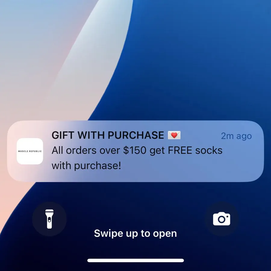 Muscle Republic push notification: GIFT WITH PURCHASE. All orders over $150 get FREE socks with purchase!