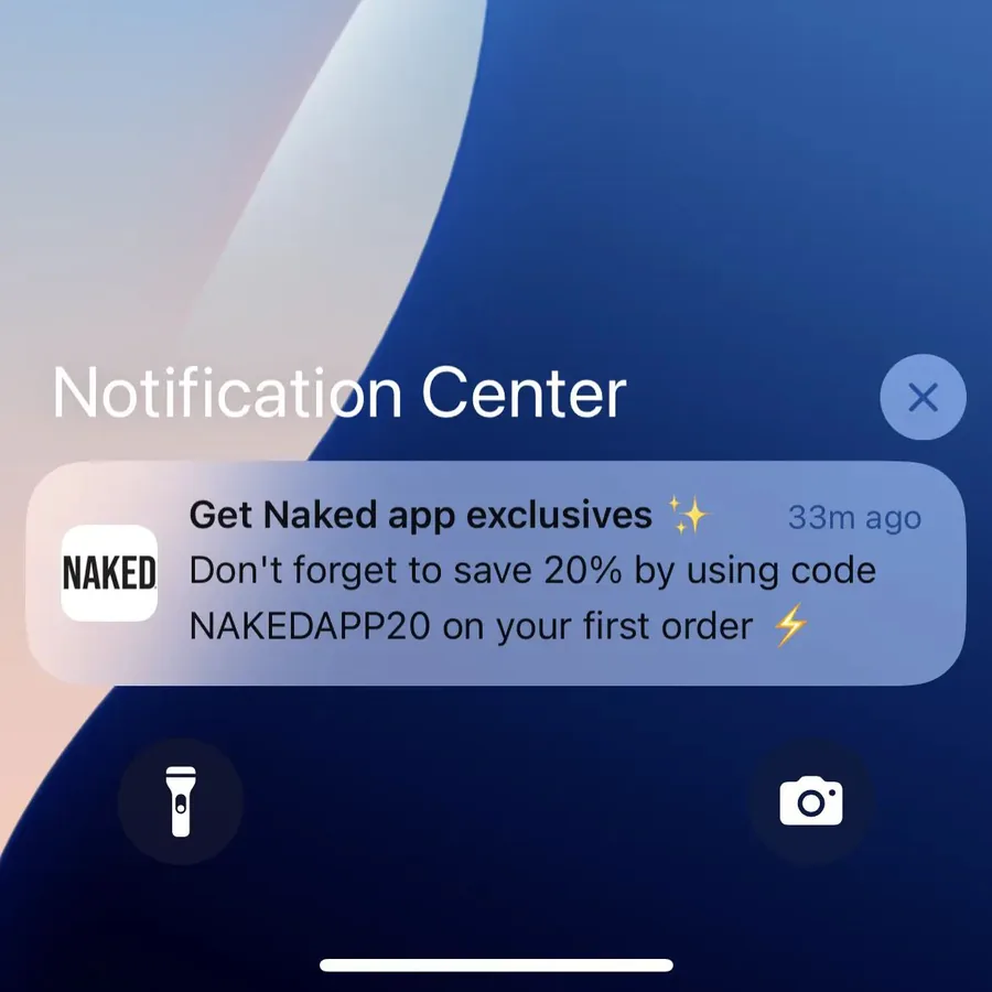 Naked Nutrition push notification: Get Naked app exclusives. Don't forget to save 20% by using code NAKEDAPP20 on your first order