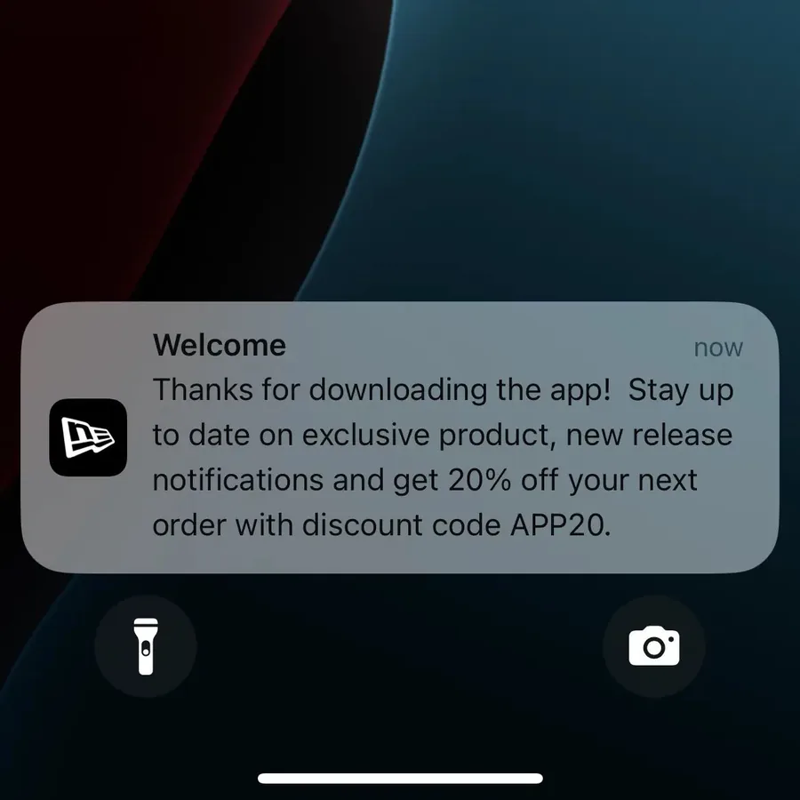 New Era push notification: Welcome. Thanks for downloading the app! Stay up to date on exclusive product, new release notifications and get 20% off your next order with discount code APP20.