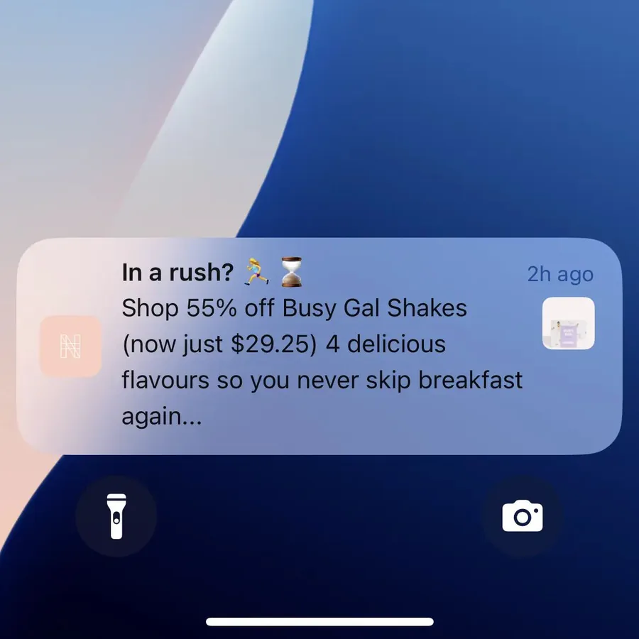Nu Harvest push notification: In a rush? ?, ¿. Shop 55% off Busy Gal Shakes (now just $29.25) 4 delicious flavours so you never skip breakfast again...
