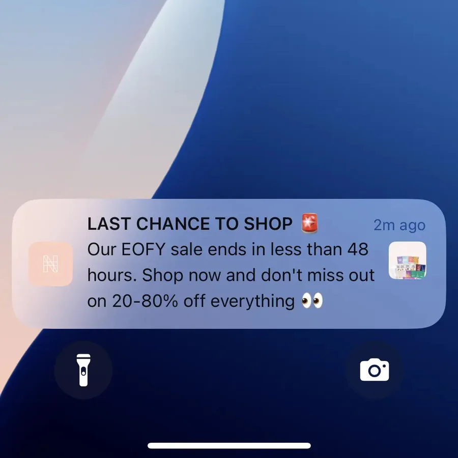 Nu Harvest push notification: LAST CHANCE TO SHOP. Our EOFY sale ends in less than 48 hours. Shop now and don't miss out on 20-80% off everything 00