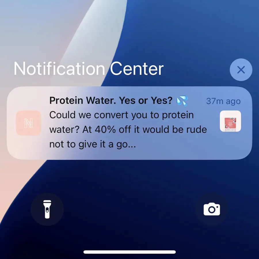 Nu Harvest push notification: Protein Water. Yes or Yes?. Could we convert you to protein water? At 40% off it would be rude not to give it a go...