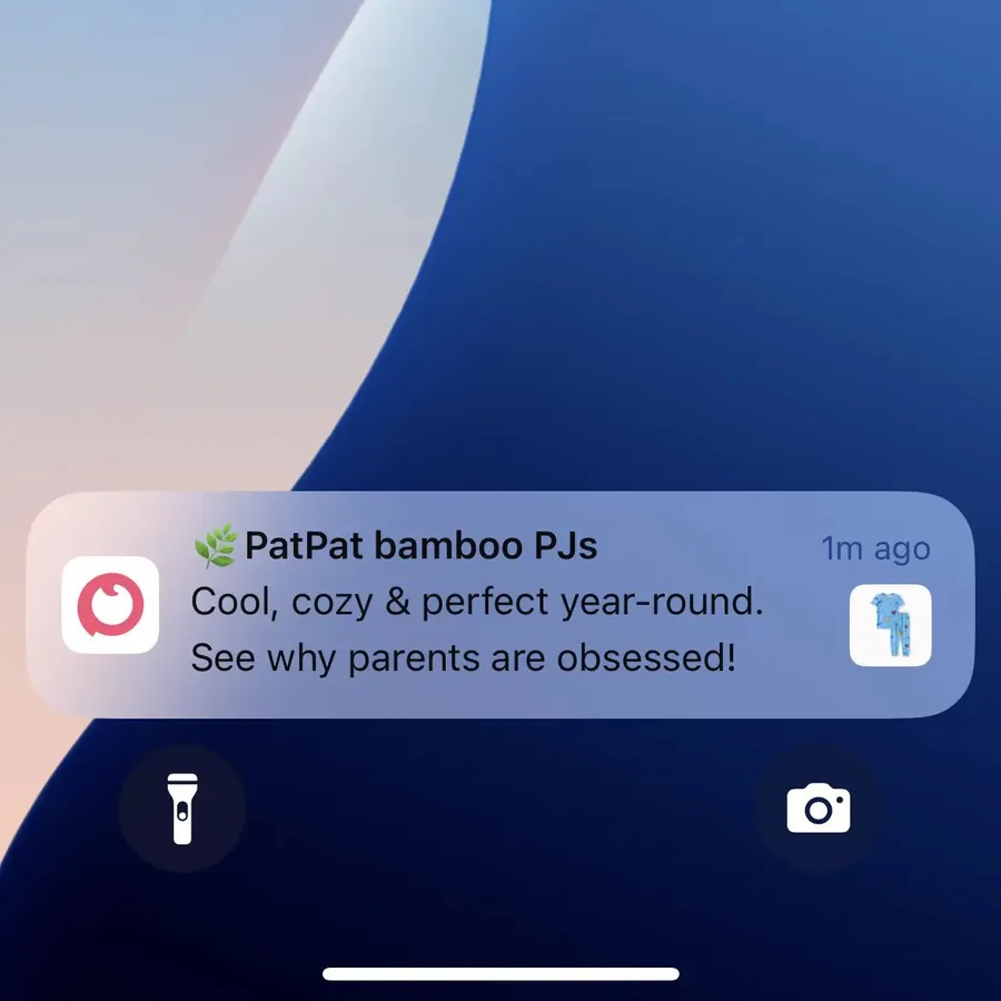 PatPat push notification: PatPat bamboo PJs. Cool, cozy & perfect year-round. See why parents are obsessed!
