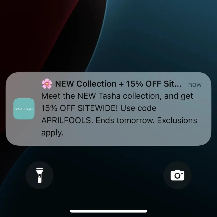 Posh Peanut push notification: NEW Collection + 15% OFF Sit... now. Meet the NEW Tasha collection, and get 15% OFF SITEWIDE! Use code APRILFOOLS. Ends tomorrow. Exclusions apply.