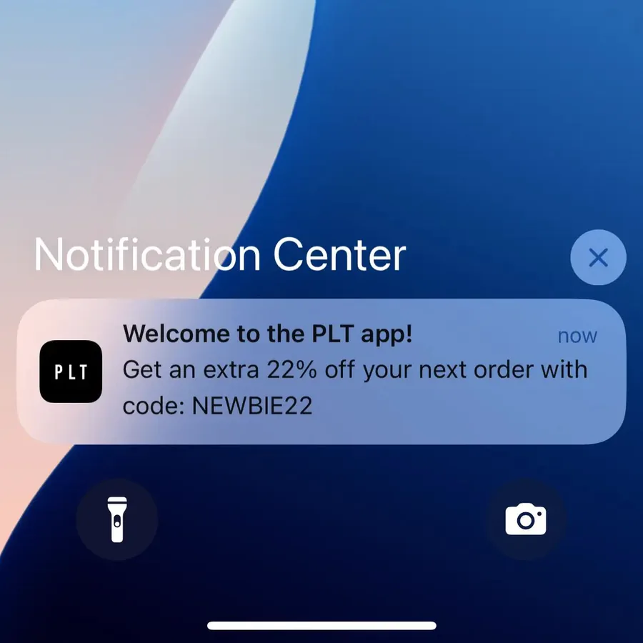 Pretty Little Thing push notification: Welcome to the PLT app!. Get an extra 22% off your next order with code: NEWBIE22 Farfetch LSKD Sephora