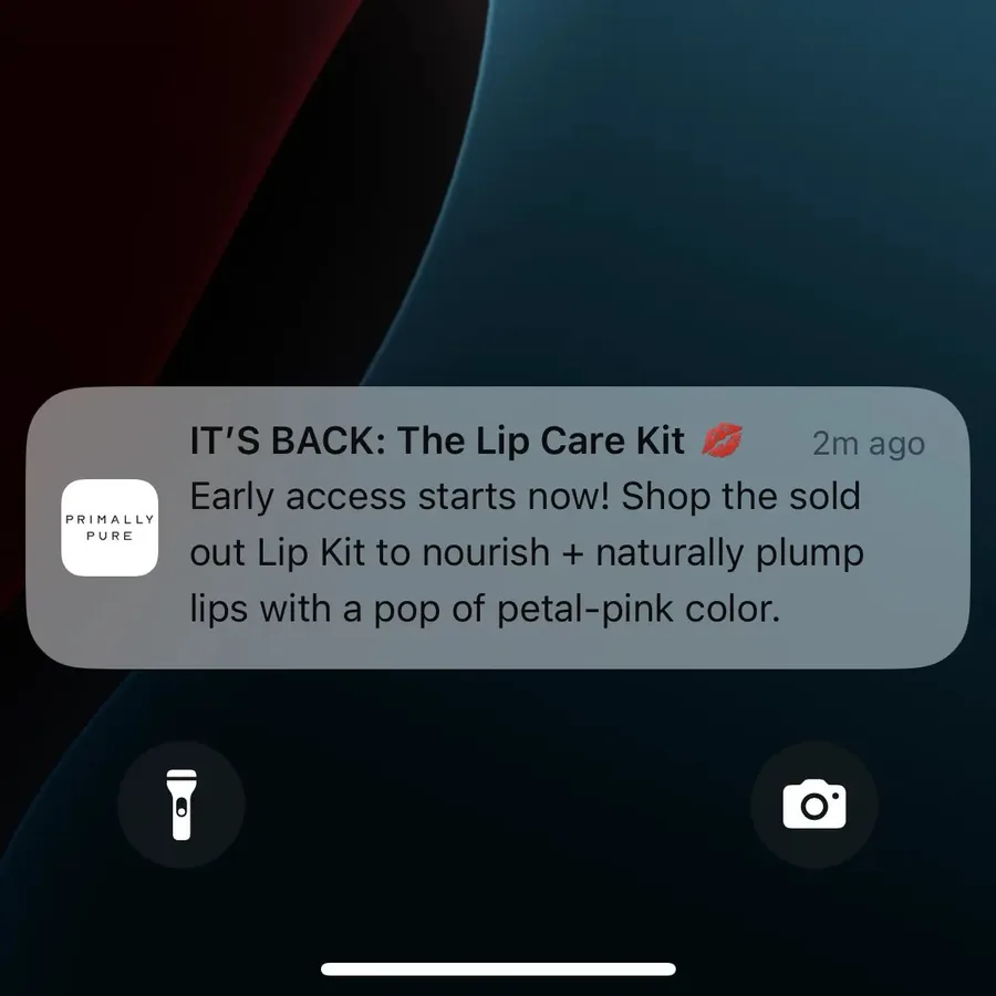 Primally Pure push notification: IT'S BACK: The Lip Care Kit. Early access starts now! Shop the sold out Lip Kit to nourish + naturally plump lips with a pop of petal-pink color.