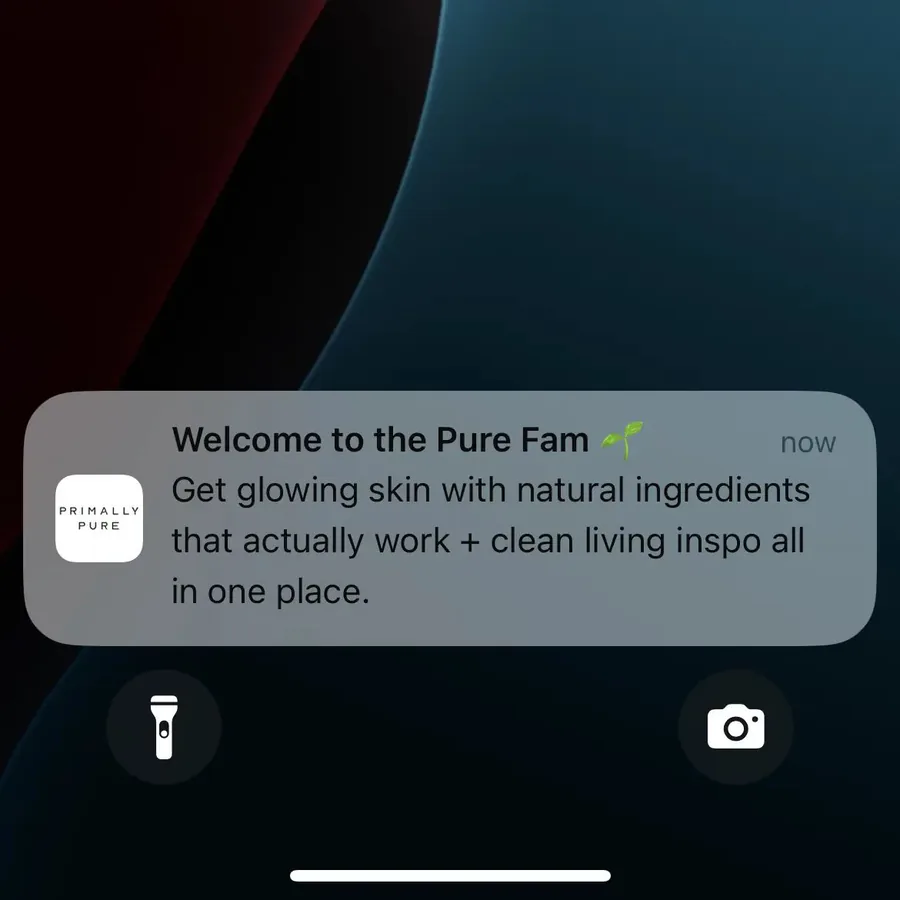 Primally Pure push notification: Welcome to the Pure Fam. Get glowing skin with natural ingredients that actually work + clean living inspo all in one place.