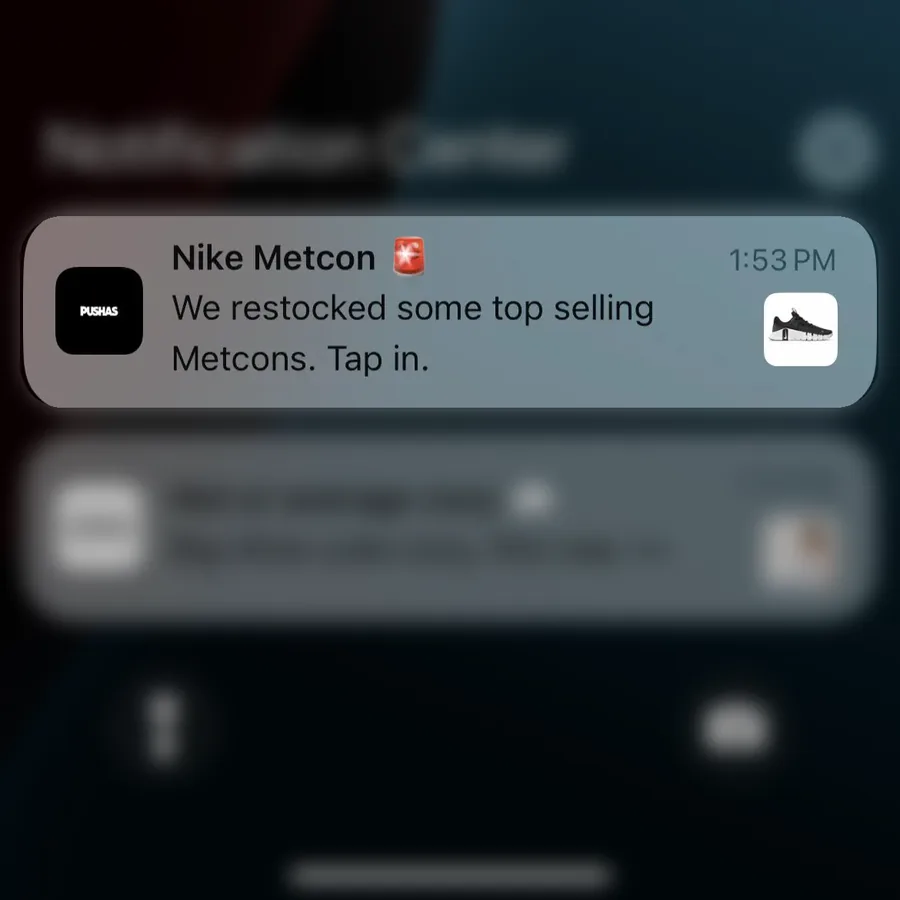 Pushas push notification: Nike Metcon. We restocked some top selling Metcons. Tap in.