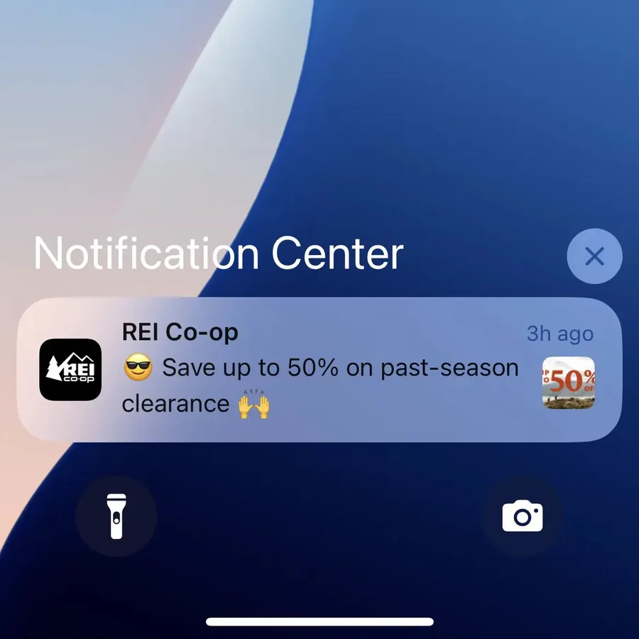 REI Co-op push notification: REI Co-op. Save up to 50% on past-season clearance