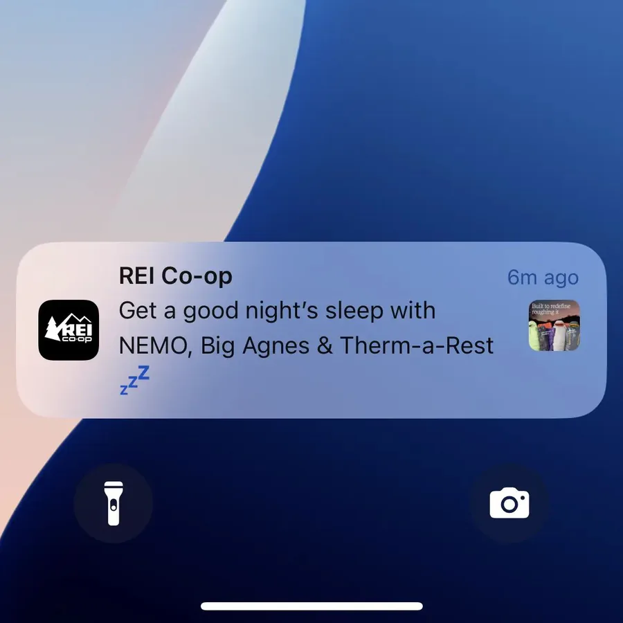 REI Co-op push notification: REI Co-op. Get a good night's sleep with NEMO, Big Agnes & Therm-a-Rest N
