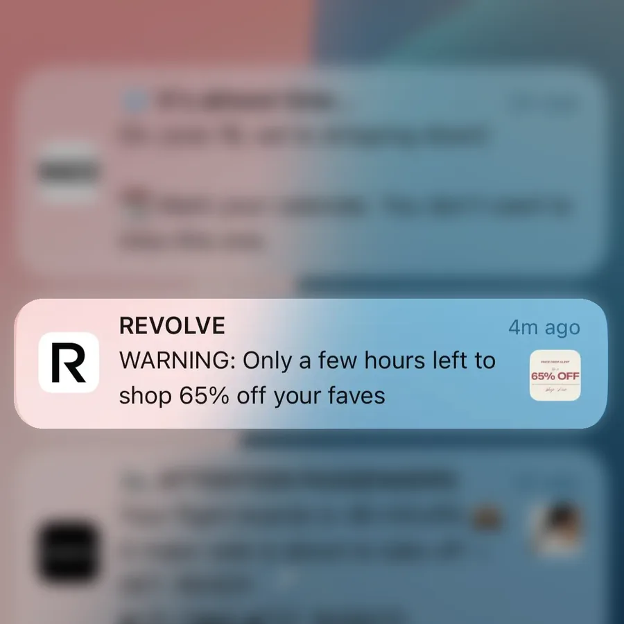 Revolve push notification: REVOLVE. WARNING: Only a few hours left to shop 65% off your faves