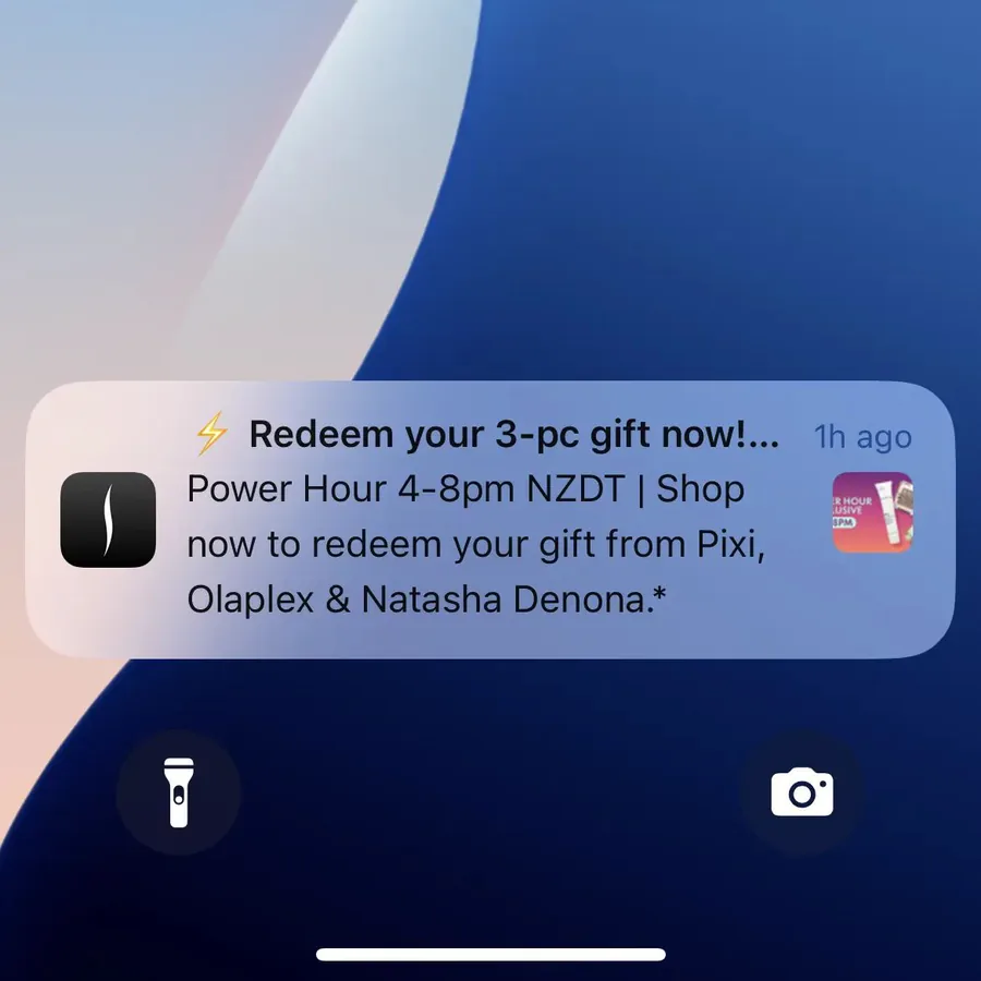 Sephora push notification: Redeem your 3-pc gift now!.... Power Hour 4-8pm NZDT | Shop now to redeem your gift from Pixi, Olaplex & Natasha Denona.*