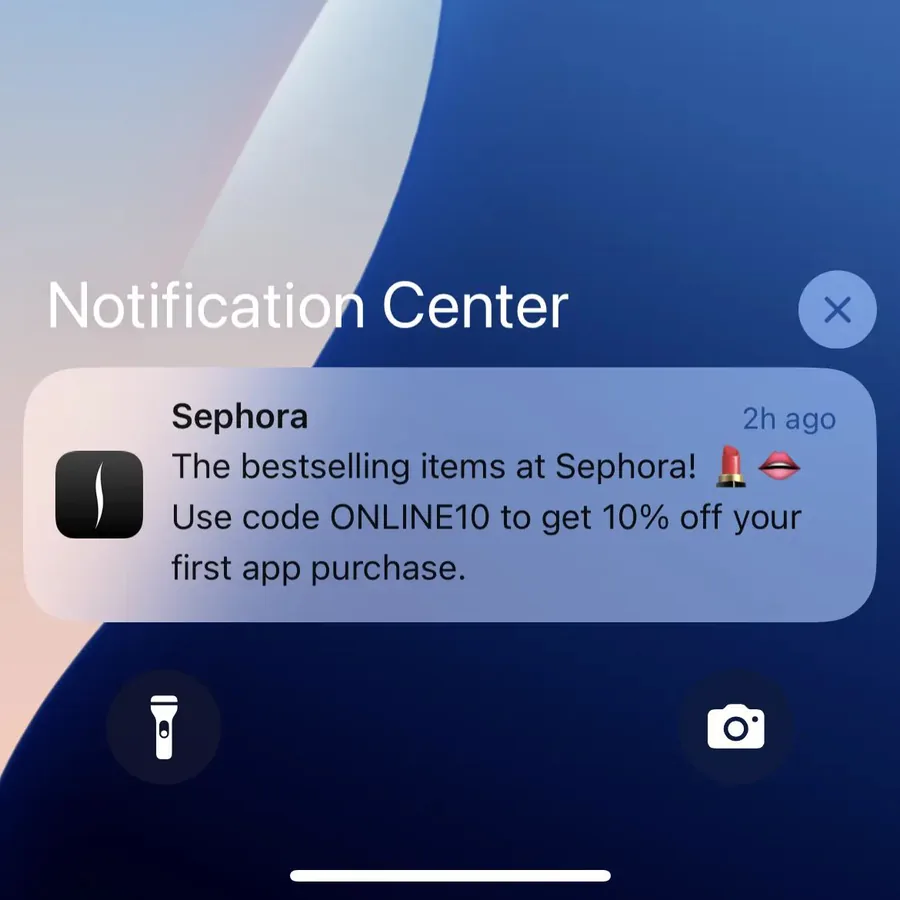 Sephora push notification: Sephora. The bestselling items at Sephora! Use code ONLINE10 to get 10% off your first app purchase.
