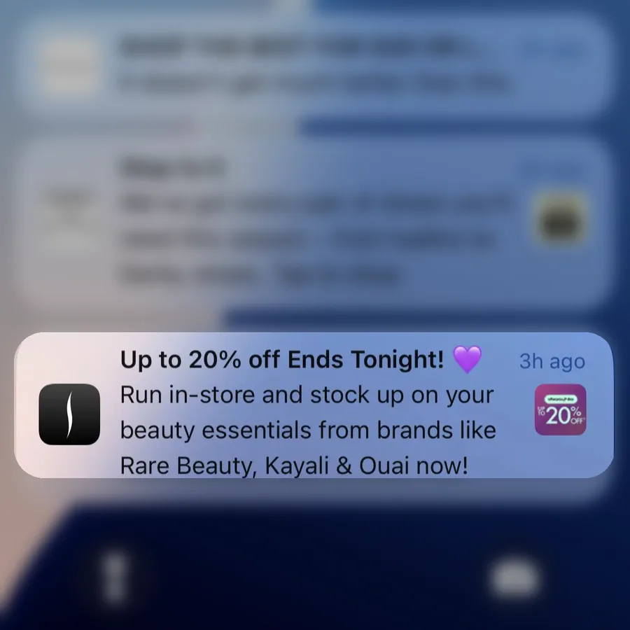 Sephora push notification: Up to 20% off Ends Tonight!. Run in-store and stock up on your beauty essentials from brands like Rare Beautv. Kavali & Ouai now!