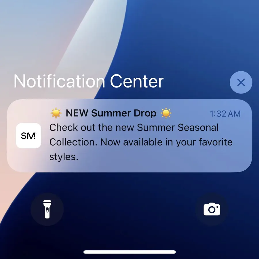 Simple Modern push notification: NEW Summer Drop. Check out the new Summer Seasonal Collection. Now available in your favorite styles.