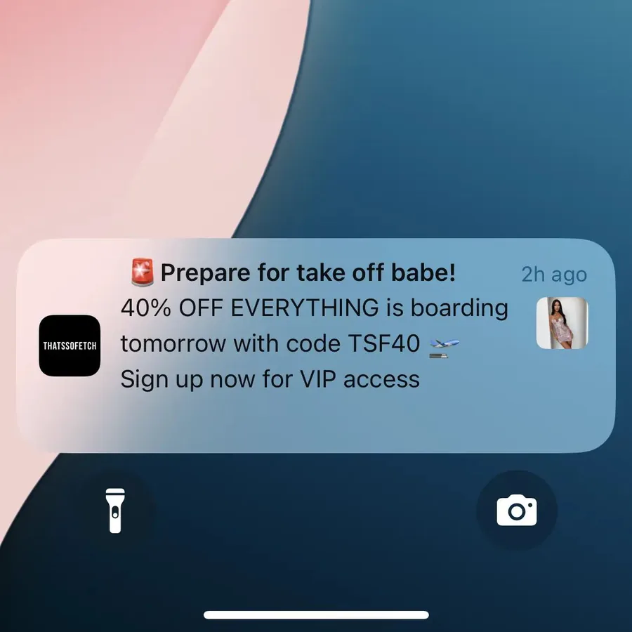 That's So Fetch push notification: Prepare for take off babe!. 40% OFF EVERYTHING is boarding tomorrow with code TSF40 Sign up now for VIP access