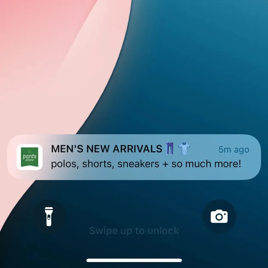 The Pants Store push notification: MEN'S NEW ARRIVALS IT"™. polos, shorts, sneakers + so much more!