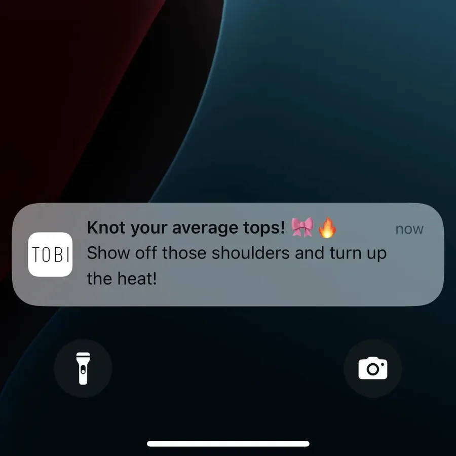 Tobi push notification: Knot your average tops!. Show off those shoulders and turn up the heat!
