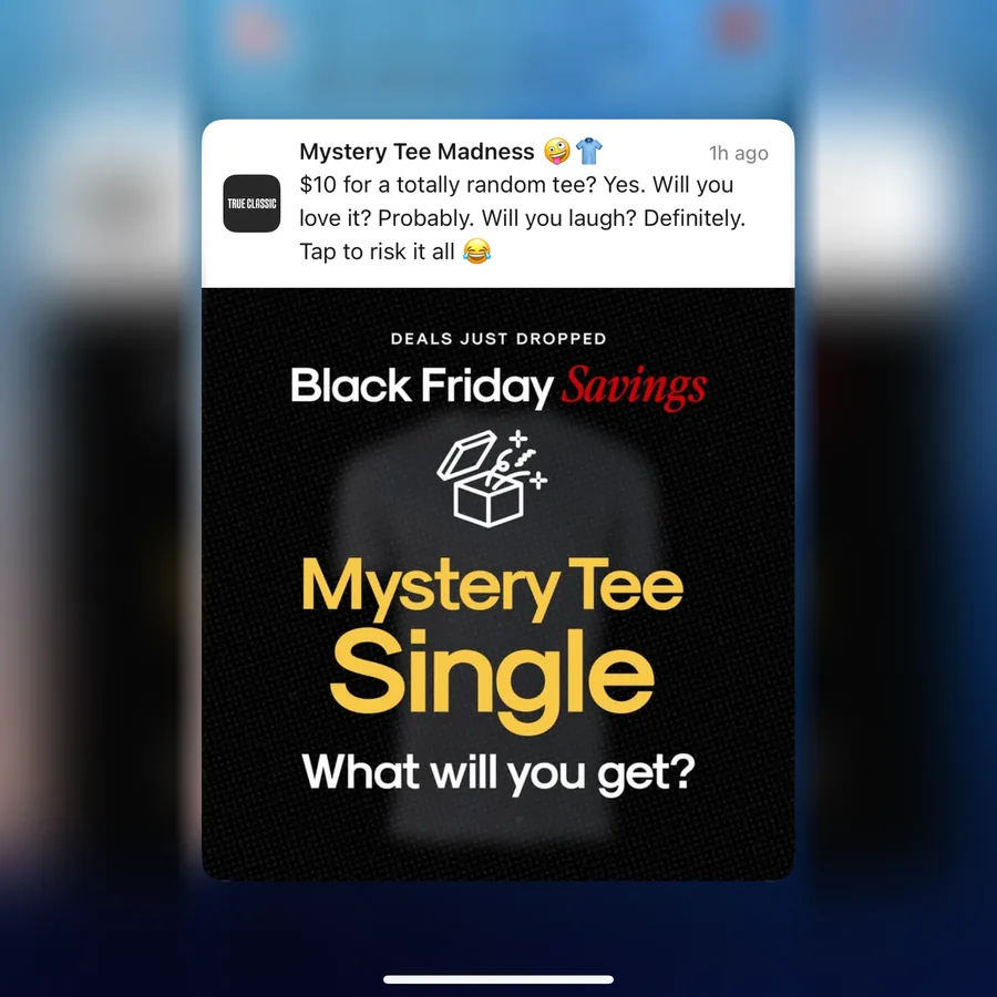 True Classic push notification: Mystery Tee Madness.  for a totally random tee? Yes. Will you love it? Probably. Will you laugh? Definitely. Tap to risk it all