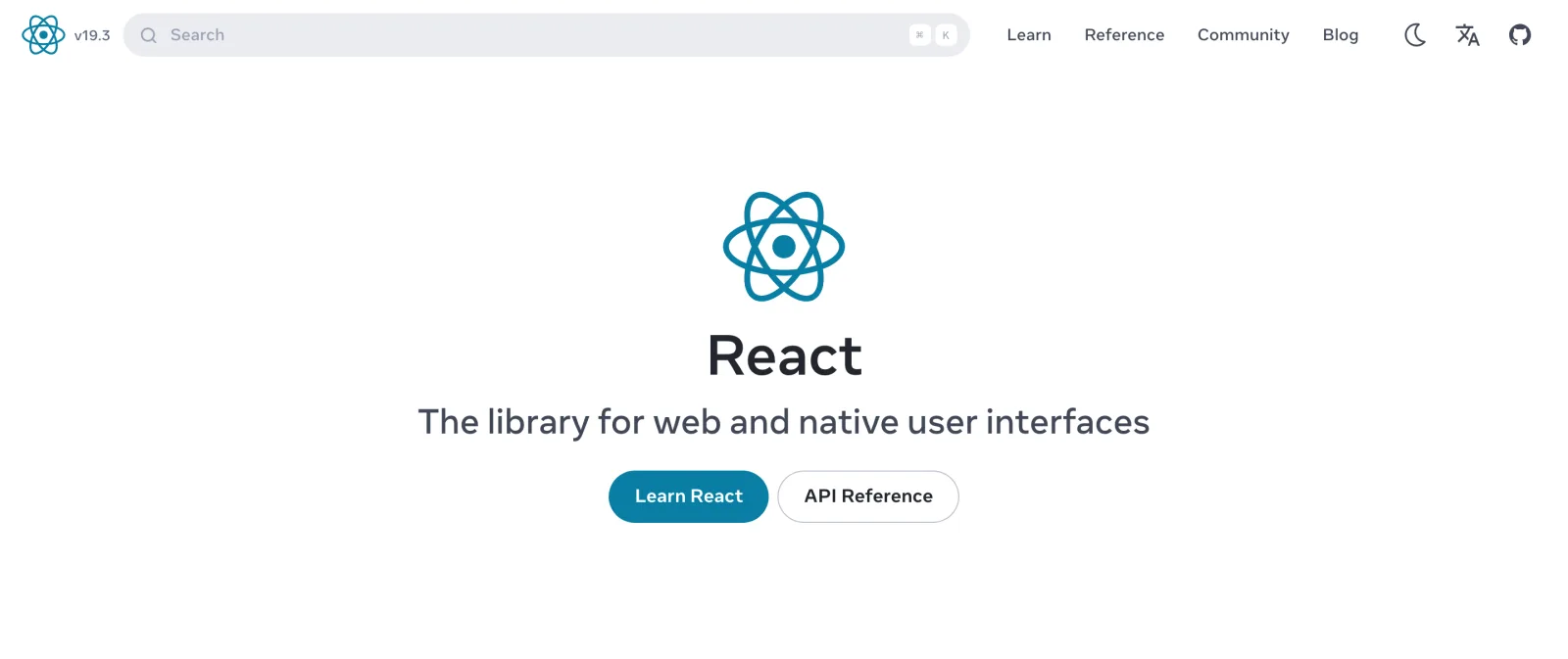 The react.dev homepage showing React version 19.3 and the tagline The library for web and native user interfaces