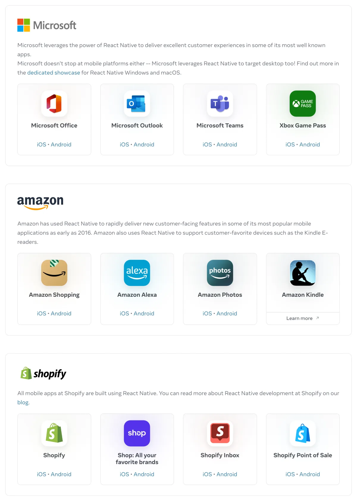 React Native showcase sections for Microsoft (Office, Outlook, Teams, Xbox Game Pass), Amazon (Shopping, Alexa, Photos, Kindle) and Shopify (Shopify, Shop, Shopify Inbox, Shopify Point of Sale)