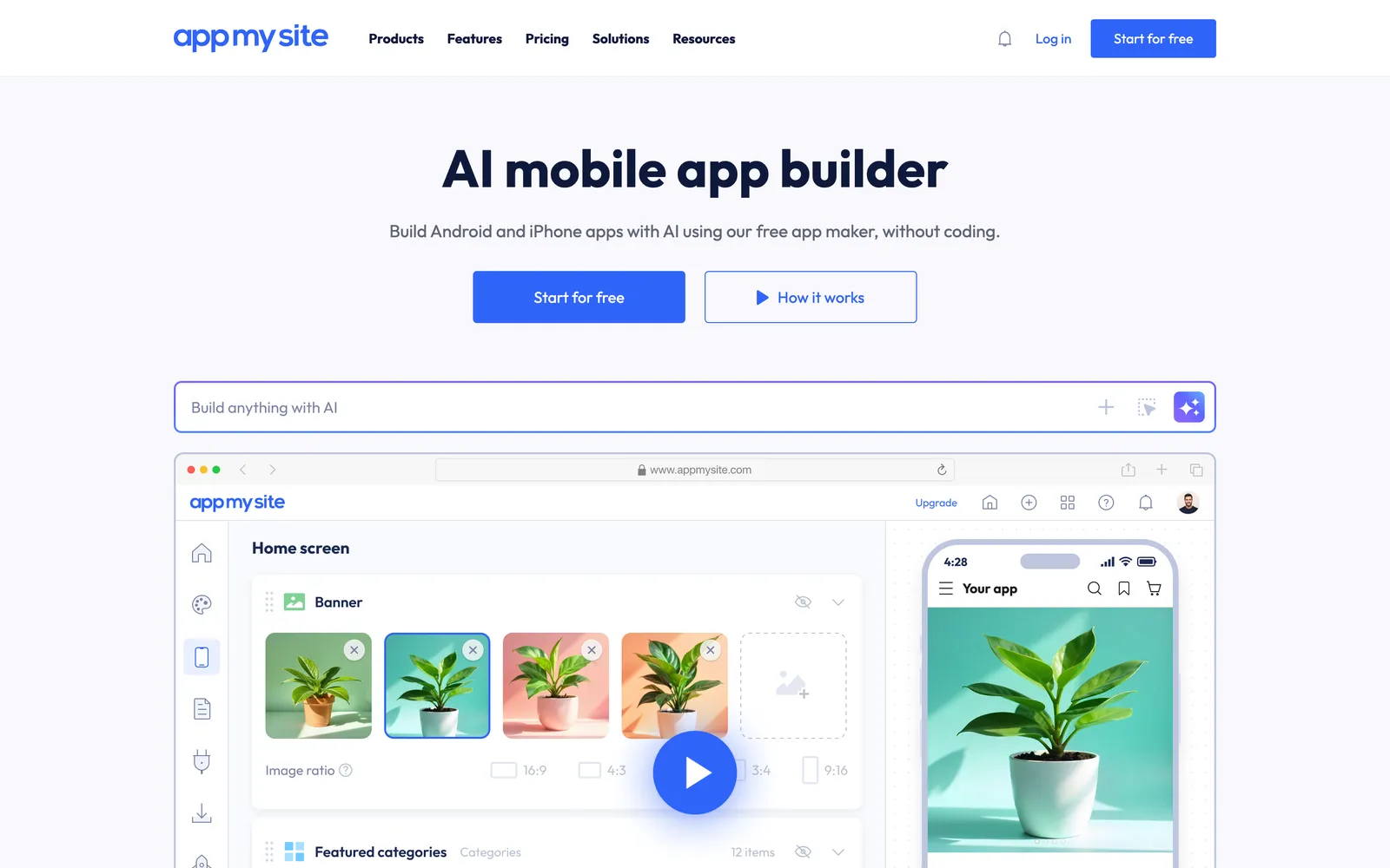 AppMySite's homepage, with the headline “AI mobile app builder”, a box for building with AI prompts and a preview of its app editor