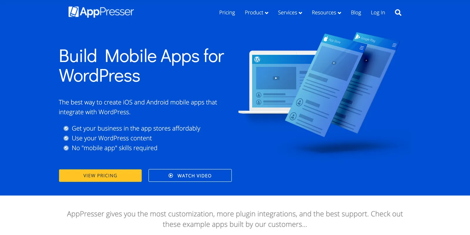AppPresser's homepage, with the headline “Build Mobile Apps for WordPress” next to an illustration of a WordPress site turning into an app