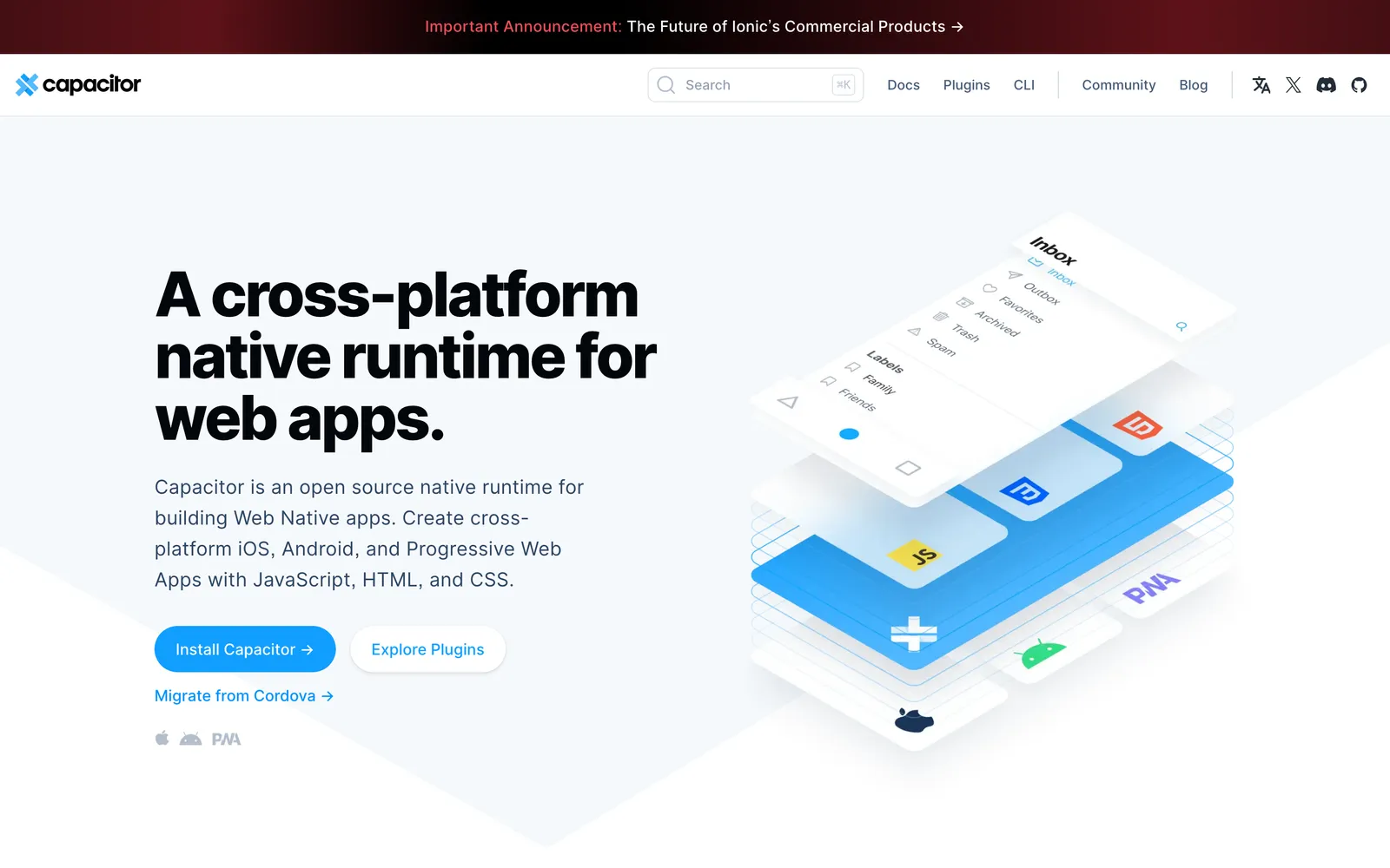 Capacitor's homepage, with the headline “A cross-platform native runtime for web apps” and buttons to install Capacitor and explore plugins