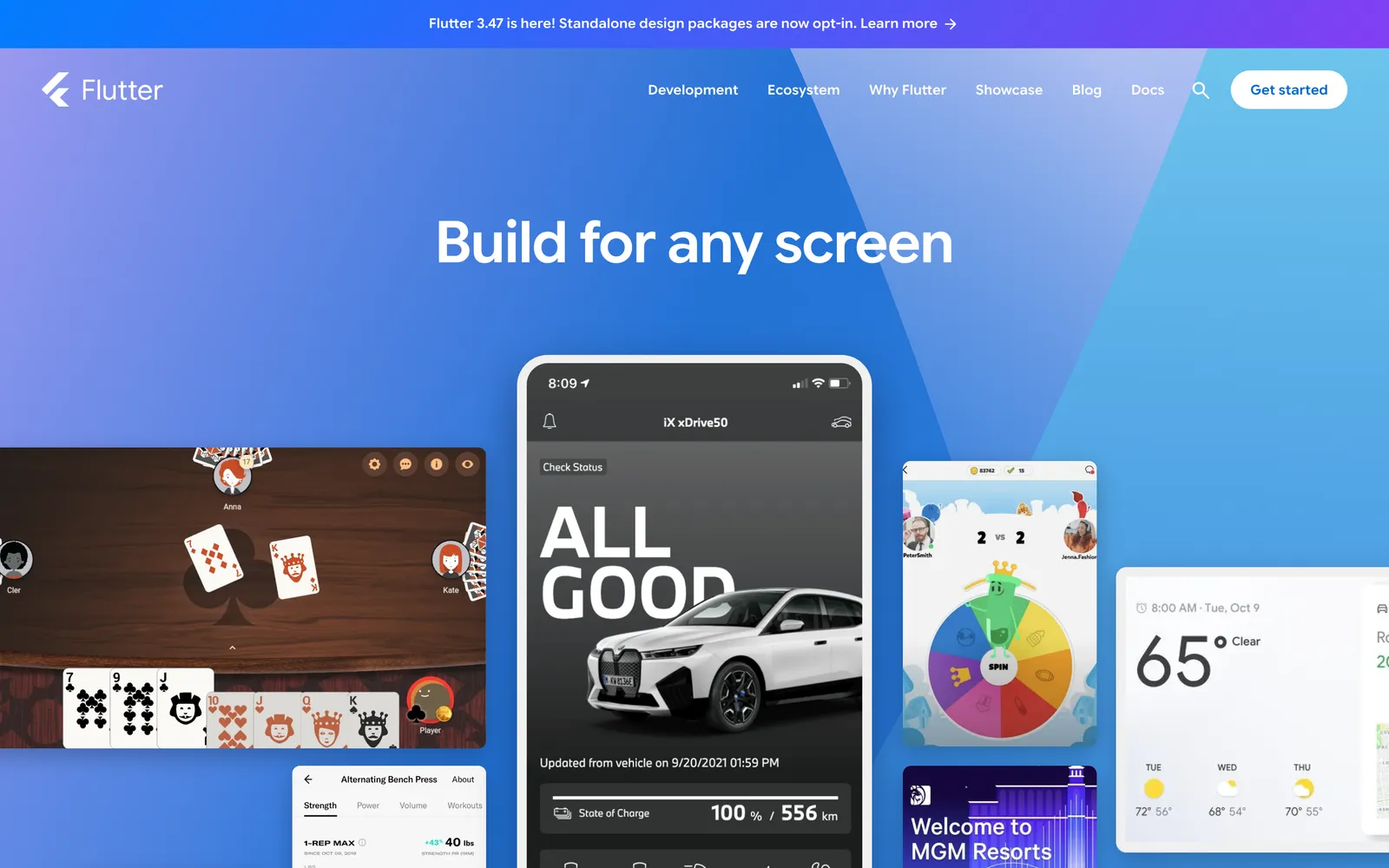 The Flutter homepage, with the headline “Build for any screen” above example apps on several devices