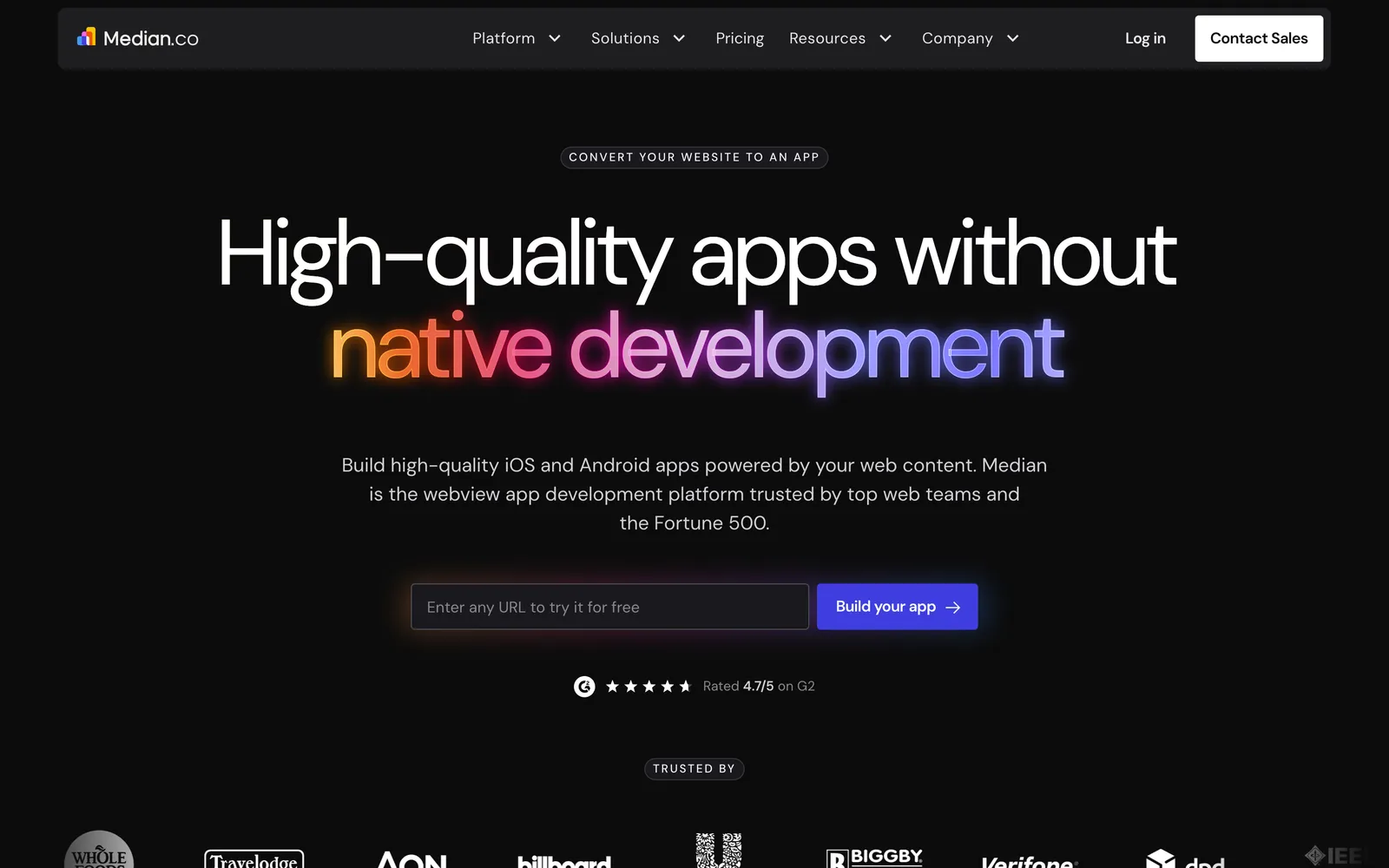 Median.co's homepage, with the headline “High-quality apps without native development” and a box to enter your website's URL