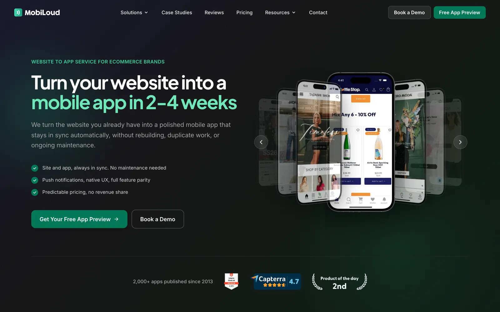 MobiLoud's homepage, with the headline “Turn your website into a mobile app in 2-4 weeks” next to phones showing customer apps