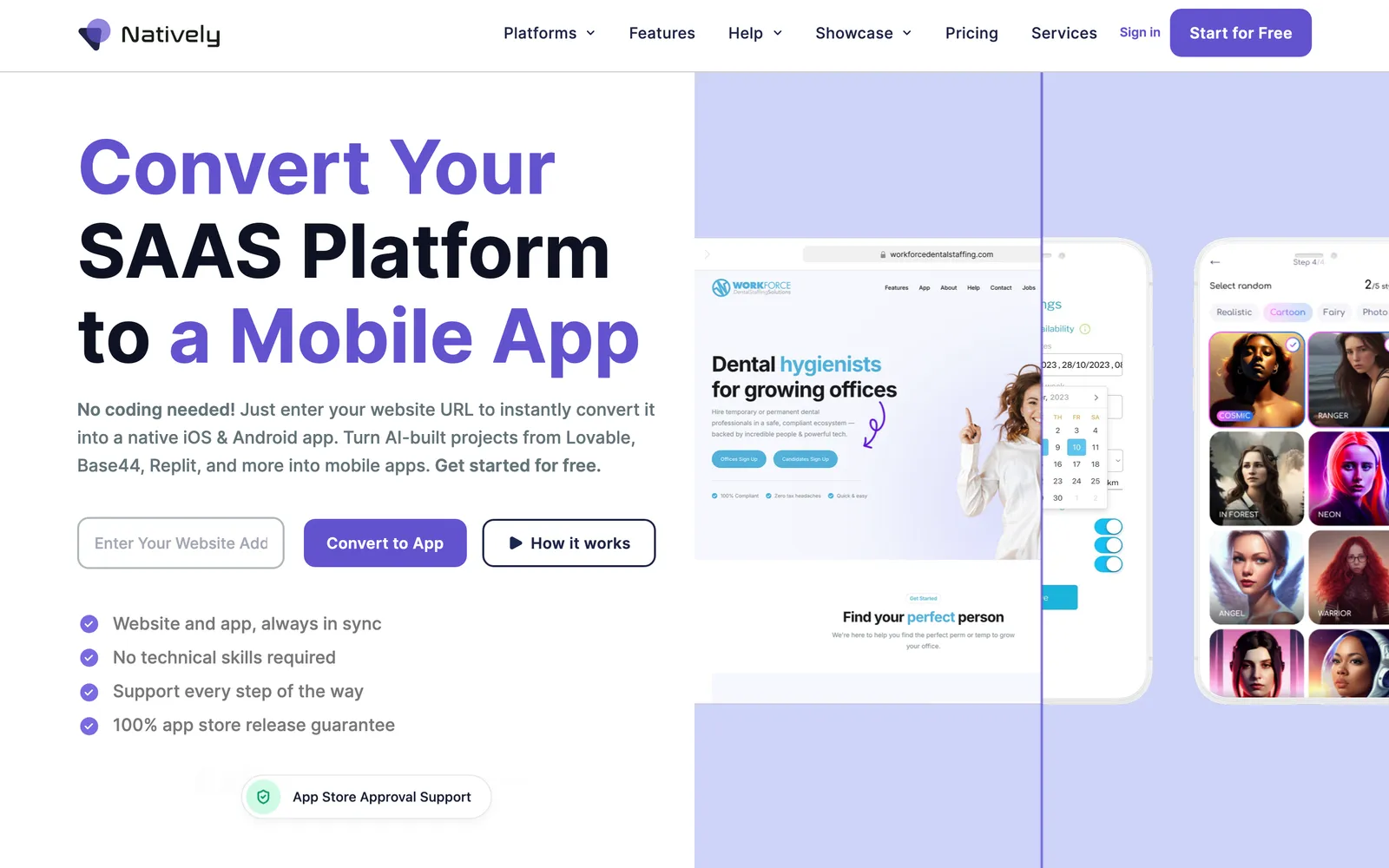 Natively's homepage, with the headline “Convert Your SAAS Platform to a Mobile App”, a box to enter your website's URL and examples of converted apps