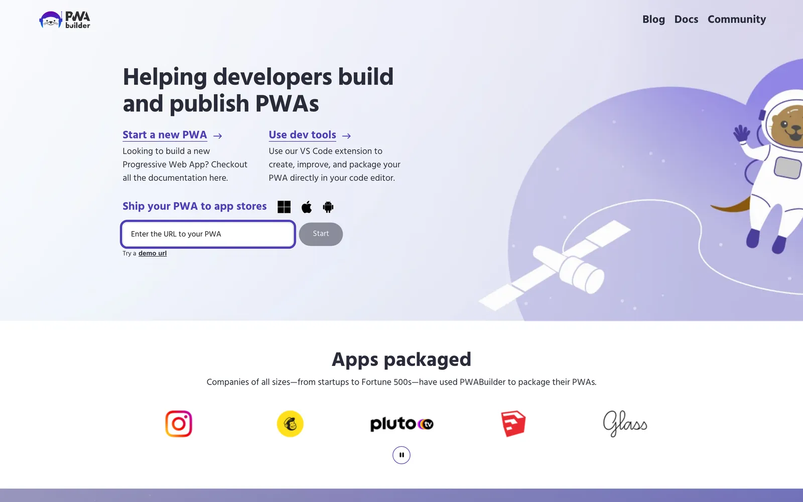 PWABuilder's homepage, with the headline “Helping developers build and publish PWAs” and a box to enter your PWA's URL