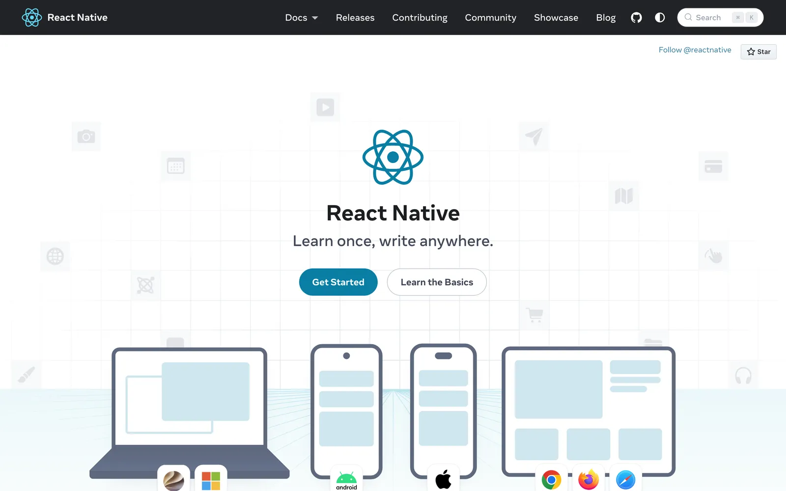 The React Native homepage, with the tagline “Learn once, write anywhere” above illustrations of apps on a laptop, phones and a tablet