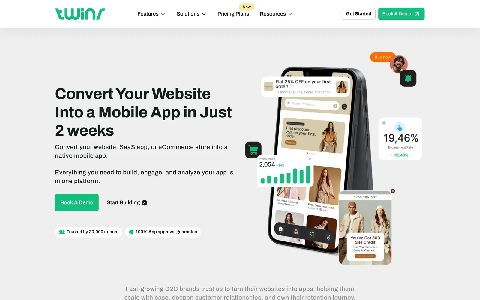 Twinr's homepage, with the headline “Convert Your Website Into a Mobile App in Just 2 weeks” next to a phone showing a fashion store app