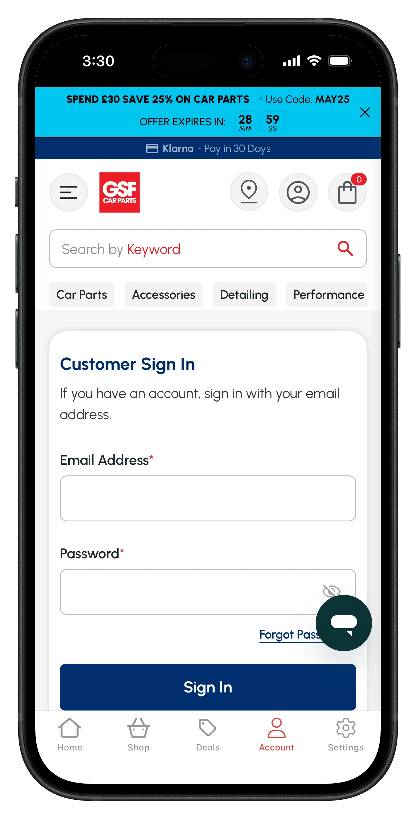gsfcarparts.com app screenshot