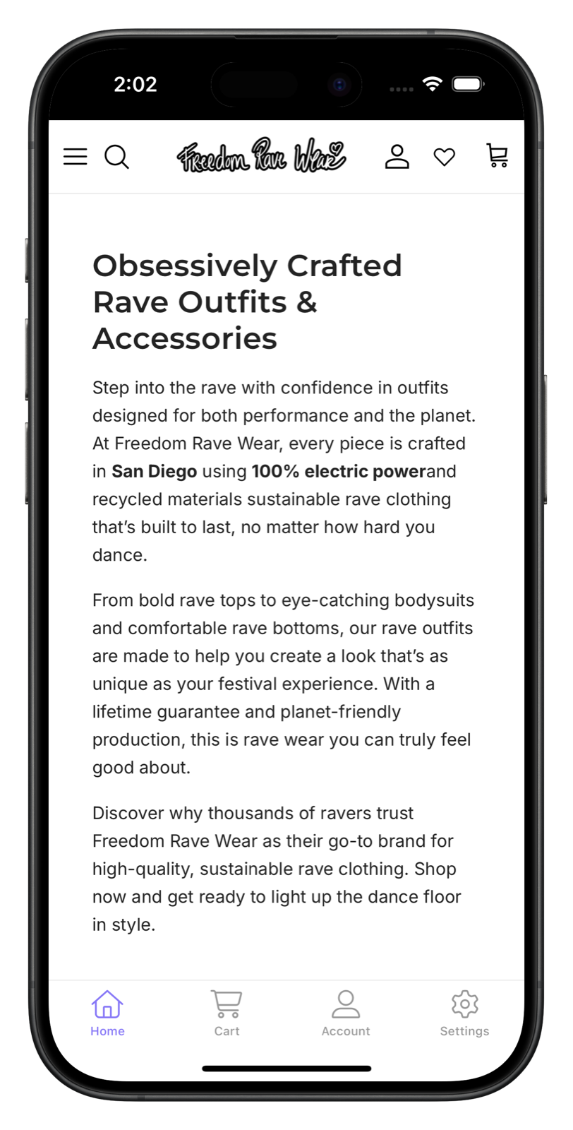 freedomravewear.com app screenshot