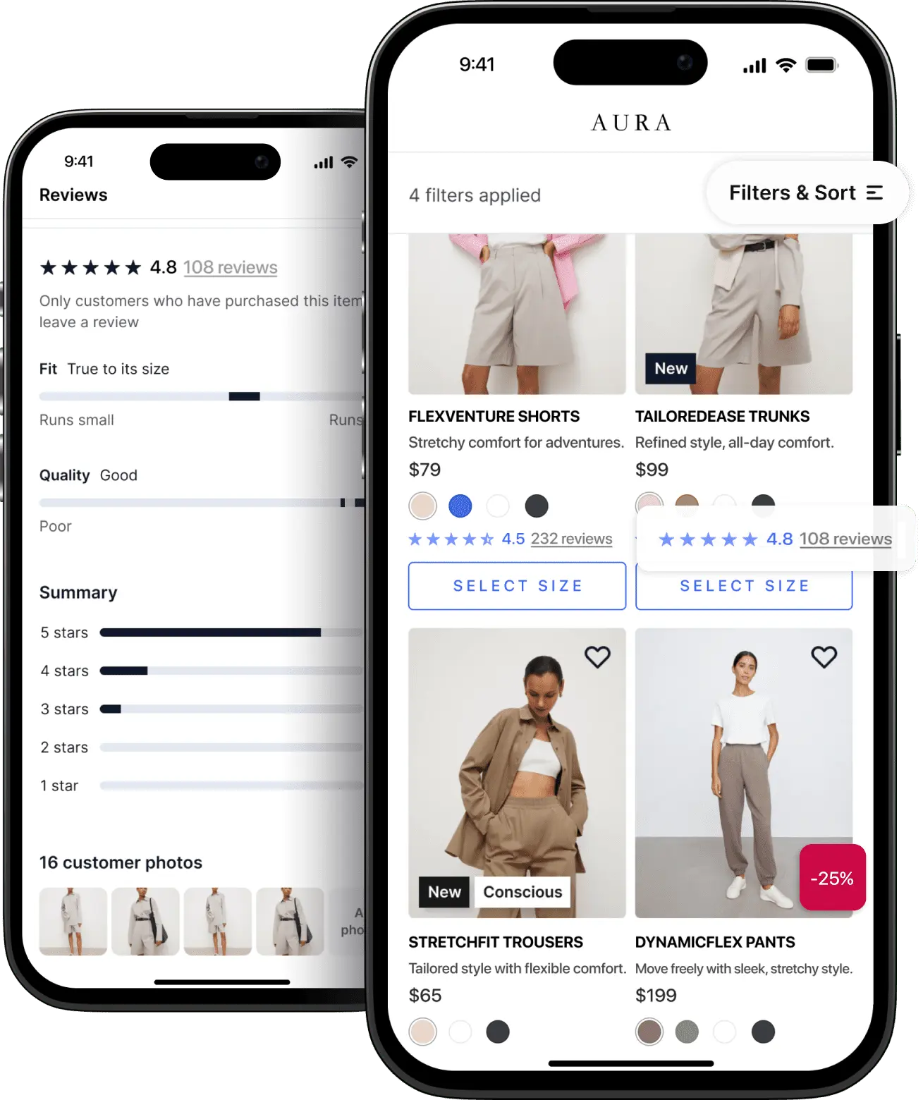 Ecommerce filtering, product ratings, and more features working in the app