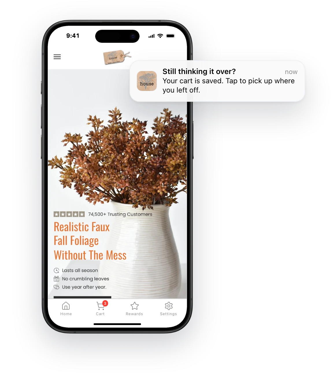 The House Floral app with a reminder that the shopper’s cart is saved, and a count of three items on the Cart tab.