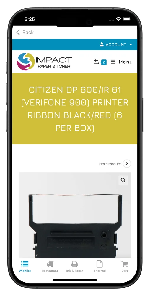 A printer ribbon product page in Impact Wholesale's mobile app, sold six to a box