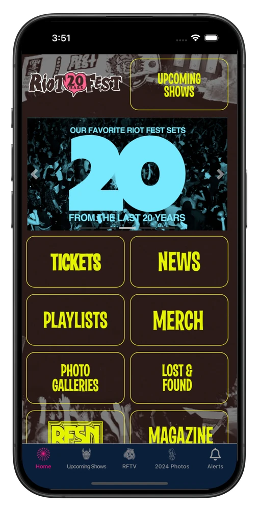 Riot Fest's app, with tickets, news, playlists, photo galleries and more for its fans