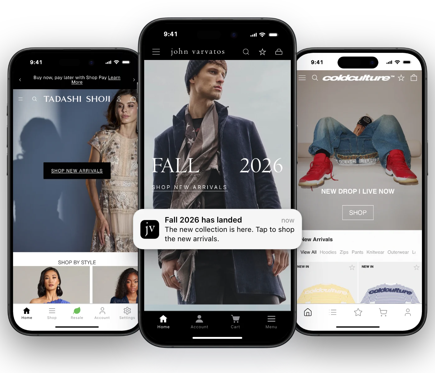 The Tadashi Shoji, John Varvatos and Cold Culture mobile apps side by side, with a John Varvatos push notification announcing that Fall 2026 has landed