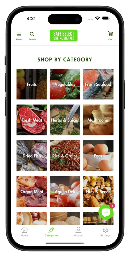 Safe Select's mobile app, with fruit, vegetables, seafood and meat by category