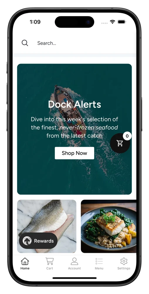 Svenfish's mobile app, showing this week's fresh seafood