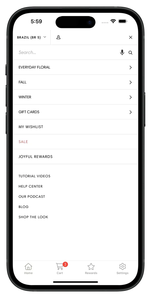 HouseFloral's mobile app, with its menu of collections and gift cards