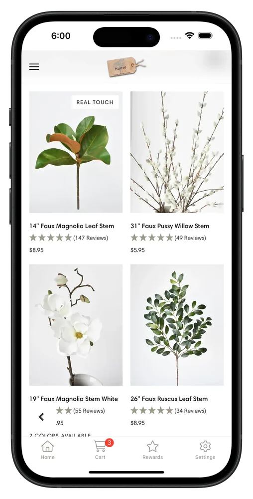 HouseFloral's mobile app, with a grid of faux stems and branches