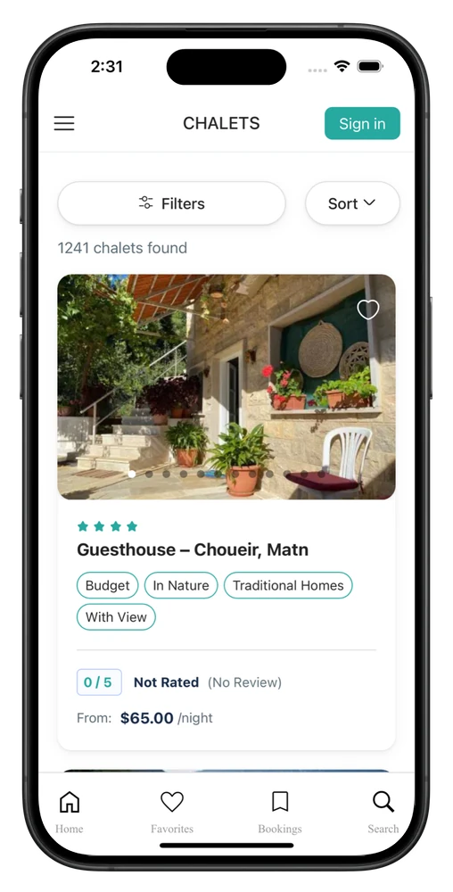 Kazderni's app, with guesthouse listings, filters and nightly prices