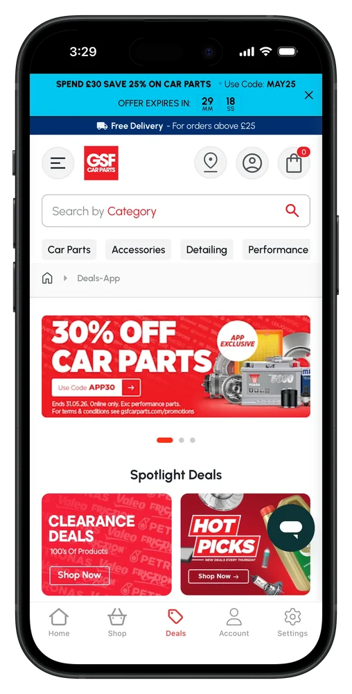 GSF Car Parts' mobile app, with deals on car parts